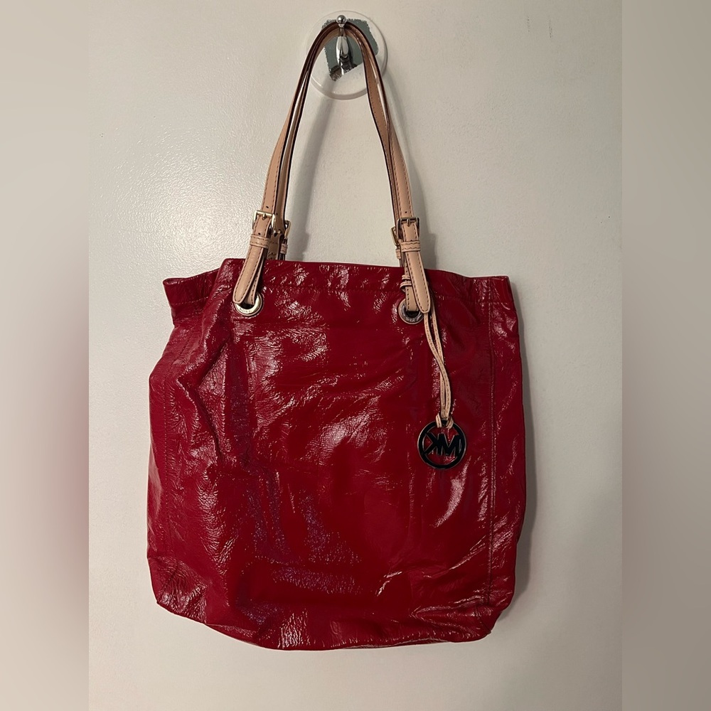 Authentic Michael Kors Red Patent Leather Bag with Gold Logo
